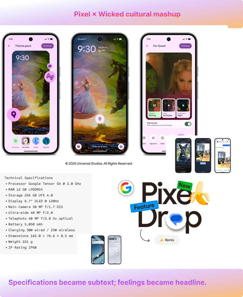 Editorial visual showcasing Google Pixel and Wicked mashup: themed phones with cultural, creative, and AI features, playful banana ‘Remix’ icon, technical specifications, and headline 'Specifications became subtext; feelings became headline