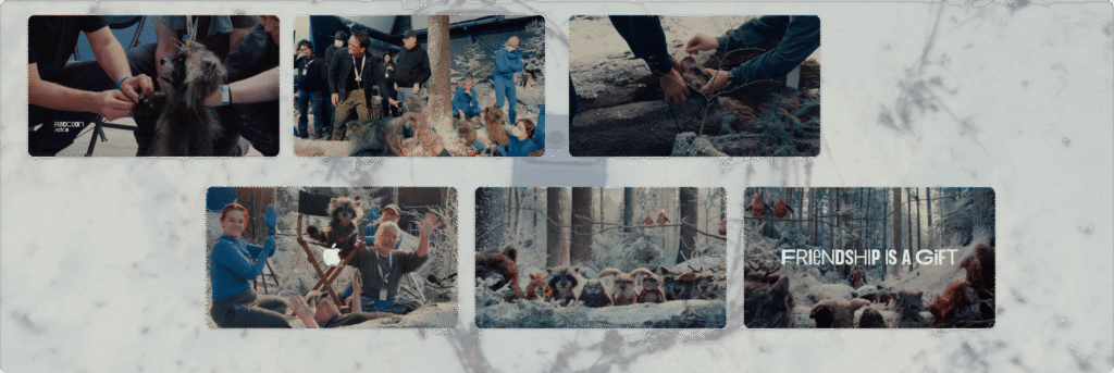 Behind-the-scenes strip showing Apple’s puppeteers building and operating woodland critter puppets on the snowy set of A Critter Carol.