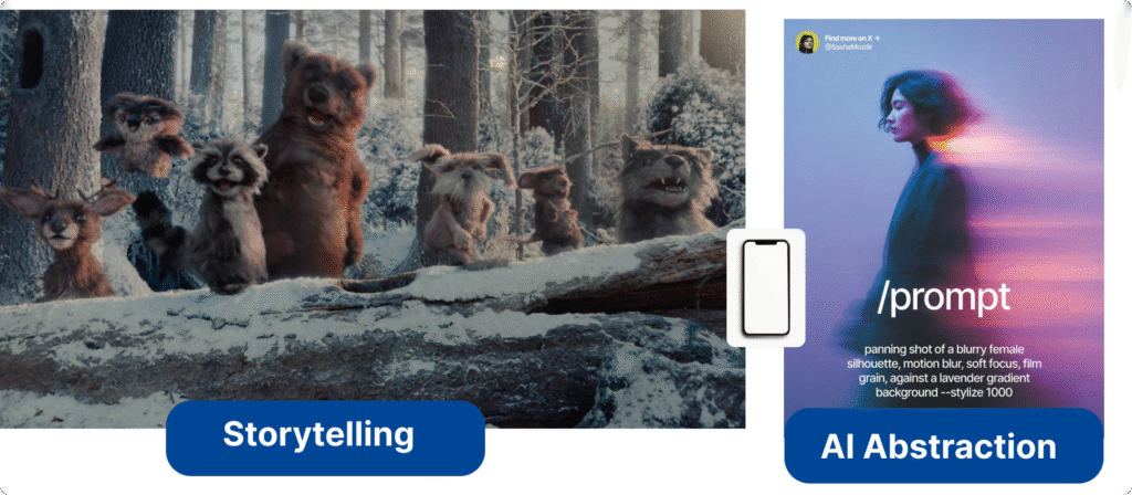 Apple’s woodland puppets on one side and an AI ‘/prompt’ visual on the other, showing storytelling versus AI abstraction in advertising.