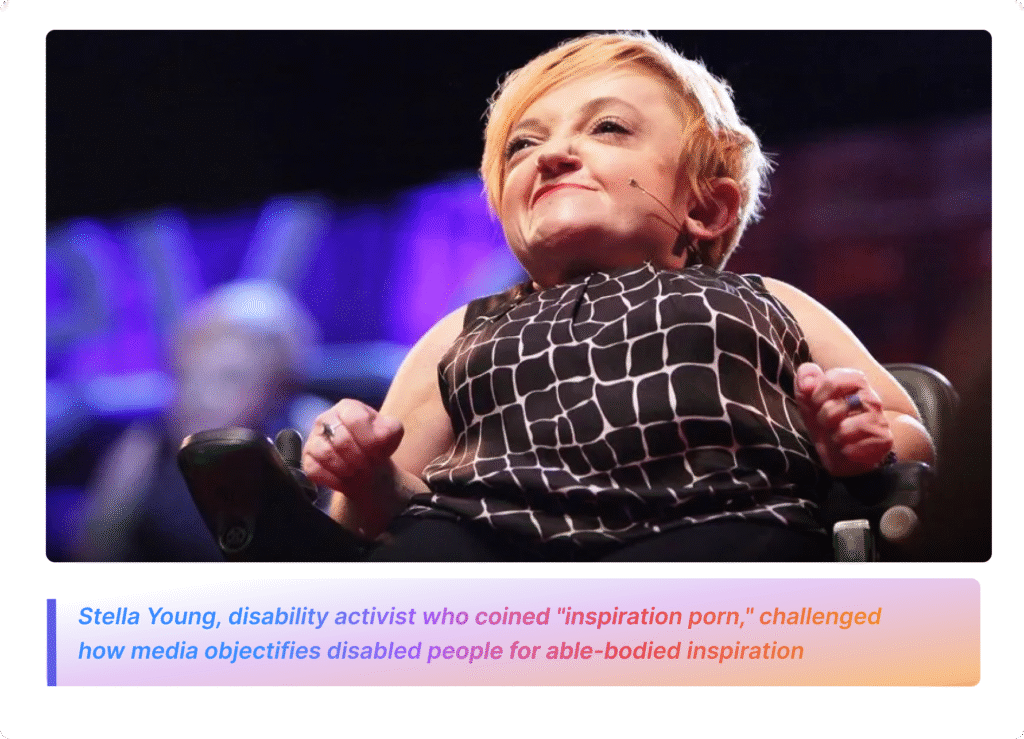 Stella Young, disability activist in wheelchair on TED stage with professional blue and purple lighting. Caption reads: "Stella Young, disability activist who coined 'inspiration porn,' challenged how media objectifies disabled people for able-bodied inspiration"
