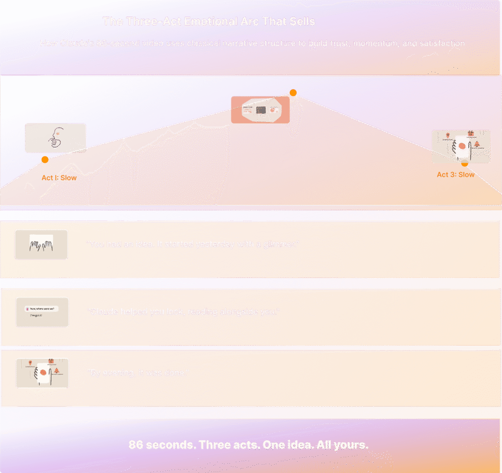Vertical infographic showing three-act narrative structure: Act I (slow, contemplative, vulnerable setup with profile silhouette), Act II (accelerating momentum with multiple thought bubbles and hand gestures), Act III (return to calm resolution). Curved wave line overlays emotional intensity across the 86-second arc.