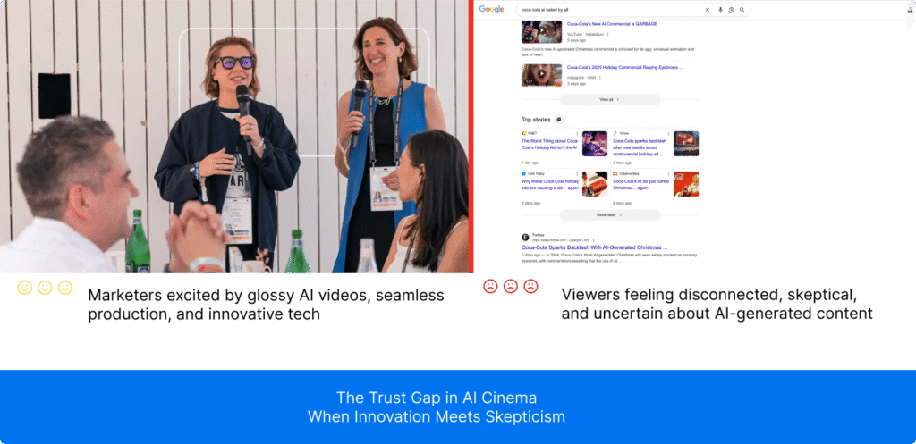 Split screen showing enthusiastic marketers at an AI video presentation contrasted with online search results highlighting scepticism and negative reviews of AI-generated content.