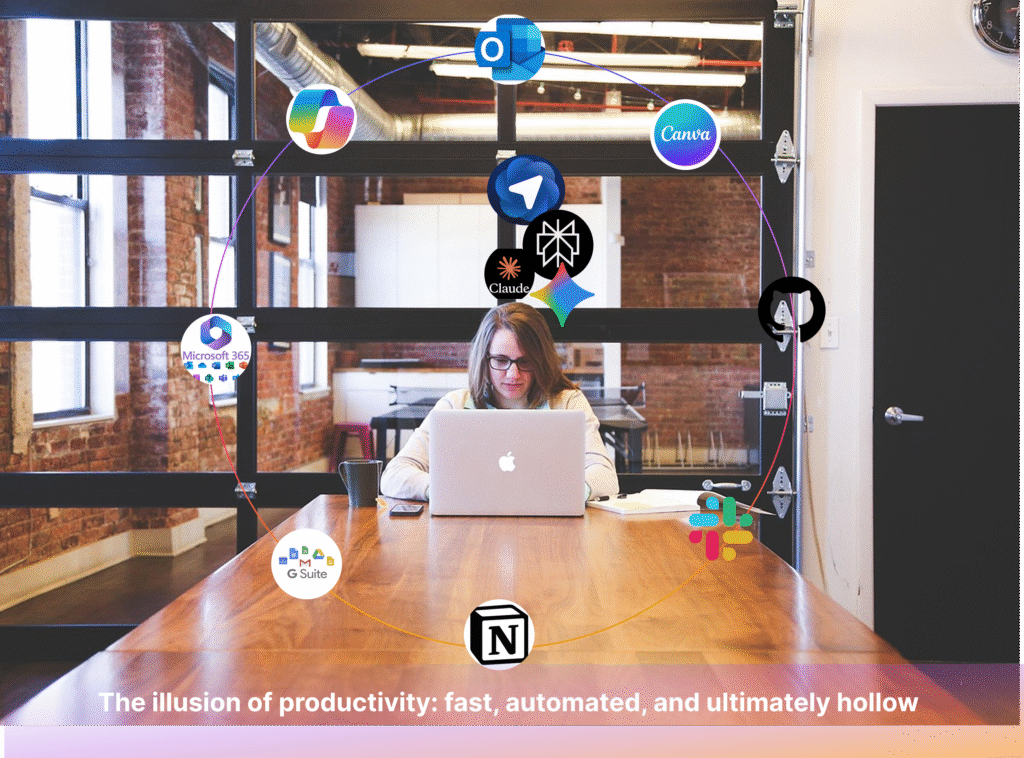 Woman working at laptop in modern office, surrounded by floating productivity app icons including Microsoft 365, Google Workspace, Notion, Slack, Canva, and Claude, connected by coloured lines suggesting digital chaos