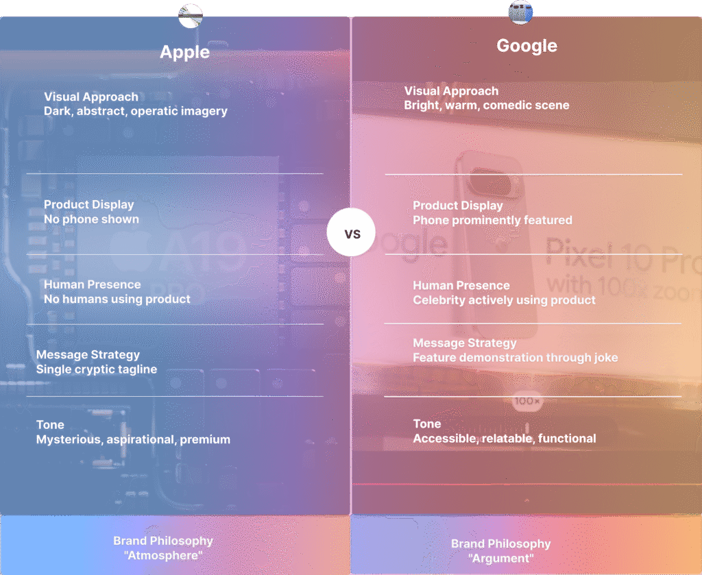 Split-screen comparison of Apple and Google advertising approaches: Apple side shows dark, abstract imagery with no phone and text reading 'Atmosphere'; Google side shows bright, comedic scene with phone featured and text reading 'Argument'