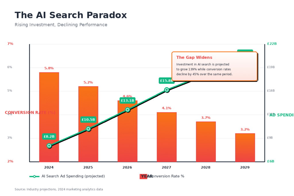 Dual-axis chart tracking AI search ad spending growth and declining conversion rates from 2024 to 2029; features callout ‘The Gap Widens