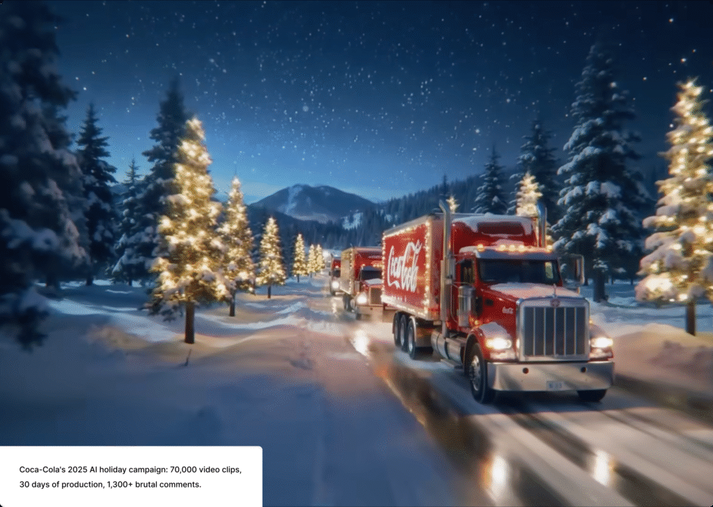 AI-generated Coca-Cola holiday campaign showing illuminated red delivery truck driving through snowy mountain landscape with lit Christmas trees. Caption states: 70,000 video clips, 30 days of production, 1,300+ brutal comments.