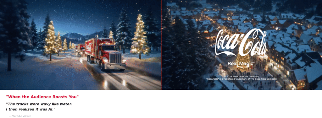 Split-screen comparison of Coca-Cola's AI-generated Christmas campaign. Left: illuminated red truck in snowy forest. Right: aerial view of snow-covered village with 'Real Magic' branding. Includes YouTube viewer quote: 'The trucks were wavy like water. I then realized it was AI.'