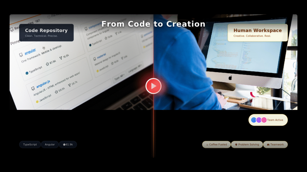 Split-screen image: left side shows GitHub code repository interface with languages like TypeScript and Angular; right side shows warm developer workspace at Mac computer with coffee and notebooks. A red play button divides the two halves, representing the bridge between technical and human elements of developer education