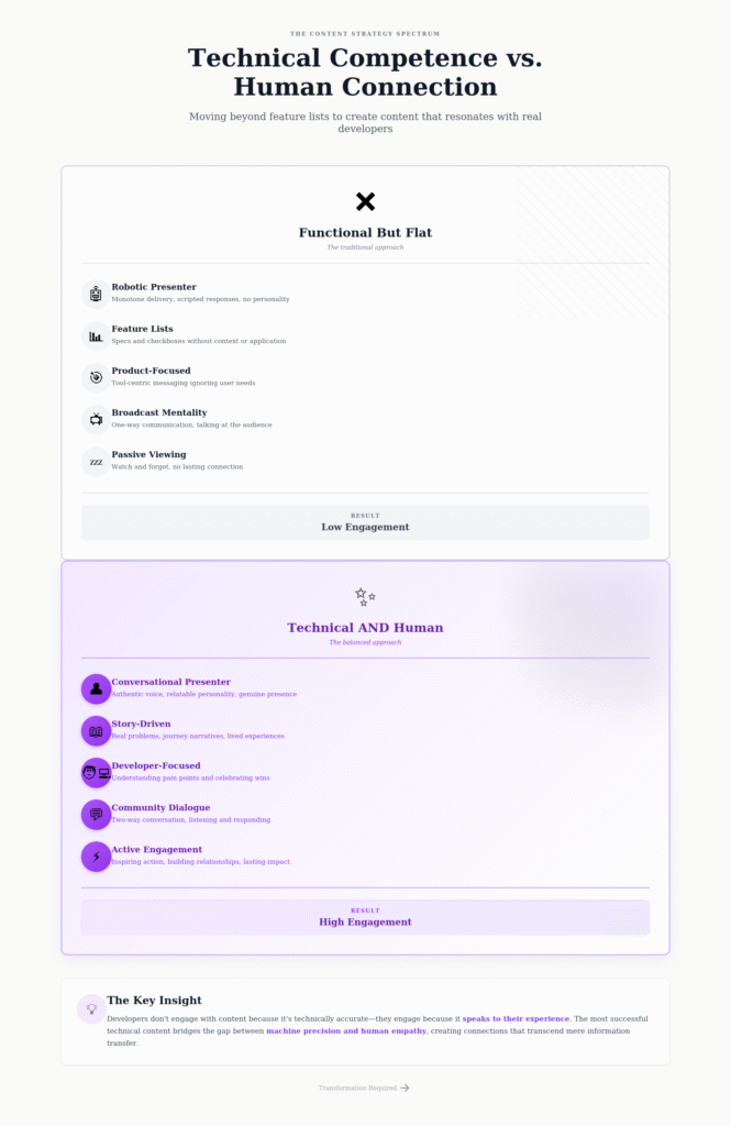 Comparison diagram showing two content approaches. Left side (grey): 'Functional But Flat' approach featuring robotic presenter, feature lists, product-focused messaging, broadcast mentality, passive viewing—resulting in low engagement. Right side (purple): 'Technical AND Human' approach featuring conversational presenter, story-driven content, developer-focused messaging, community dialogue, active engagement—resulting in high engagement. Bottom section emphasises key insight about developers engaging based on experience rather than accuracy