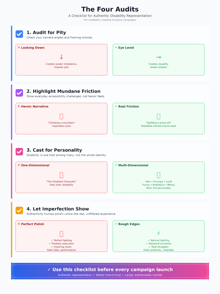 A checklist titled "The Four Audits" for authentic disability representation. It lists four key actions: 1. Audit for Pity (checking camera angles), 2. Highlight Mundane Friction (showing real struggles like splitting a bill), 3. Cast for Personality (avoiding one-dimensional characters), and 4. Let Imperfection Show (choosing rough edges over polish).