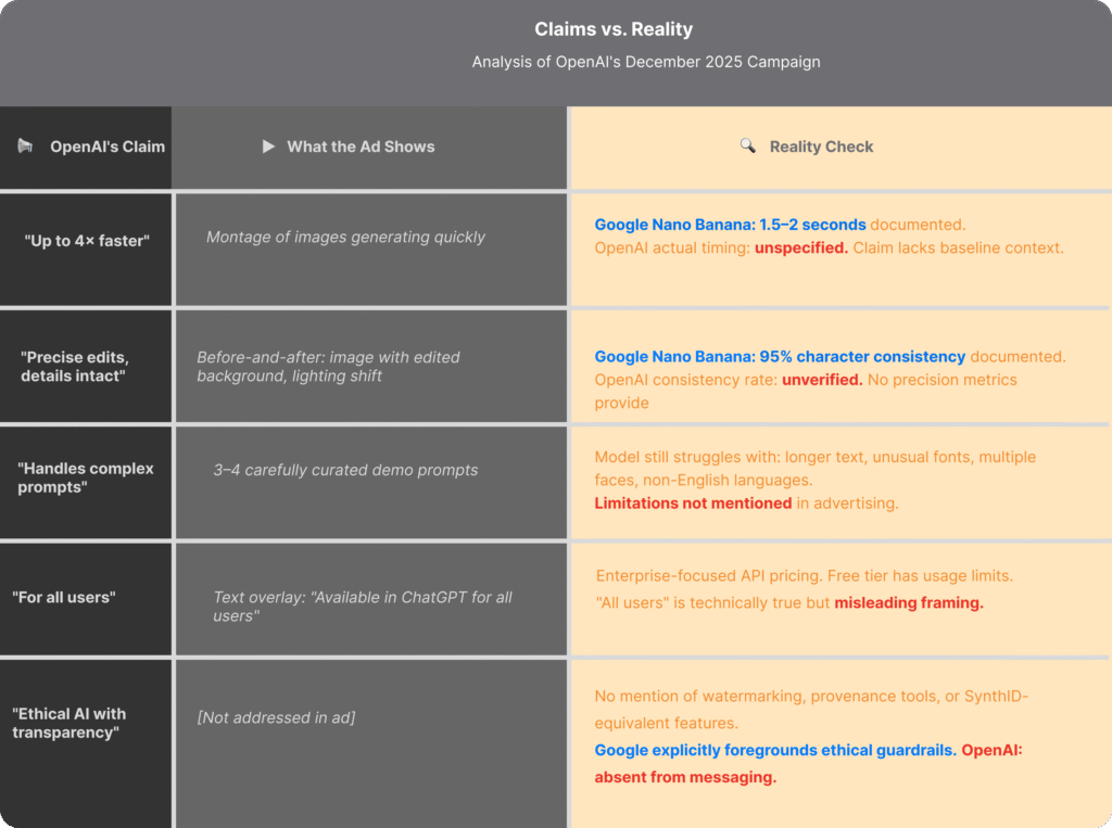 Three-column comparison table analyzing OpenAI's December 2025 ChatGPT Images advertisement. Left column lists OpenAI's claims: "Up to 4x faster," "Precise edits, details intact," "Handles complex prompts," "For all users," "Ethical AI with transparency." Middle column shows what the ad demonstrates: montage of quick generation, before-and-after edits, curated demo prompts, "available for all users" text, and no ethical content addressed. Right column provides reality check with magnifying glass icon: Google Nano Banana documented at 1.5-2 seconds while OpenAI timing unspecified; Google's 95% character consistency versus OpenAI's unverified rate; model limitations not mentioned; enterprise-focused pricing despite "all users" claim; no watermarking or provenance tools mentioned while Google foregrounds ethical guardrails.
