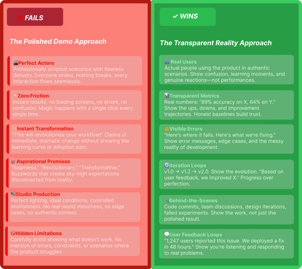 Side-by-side comparison showing Google's failing polished demo approach versus the winning transparent reality approach in AI marketing.