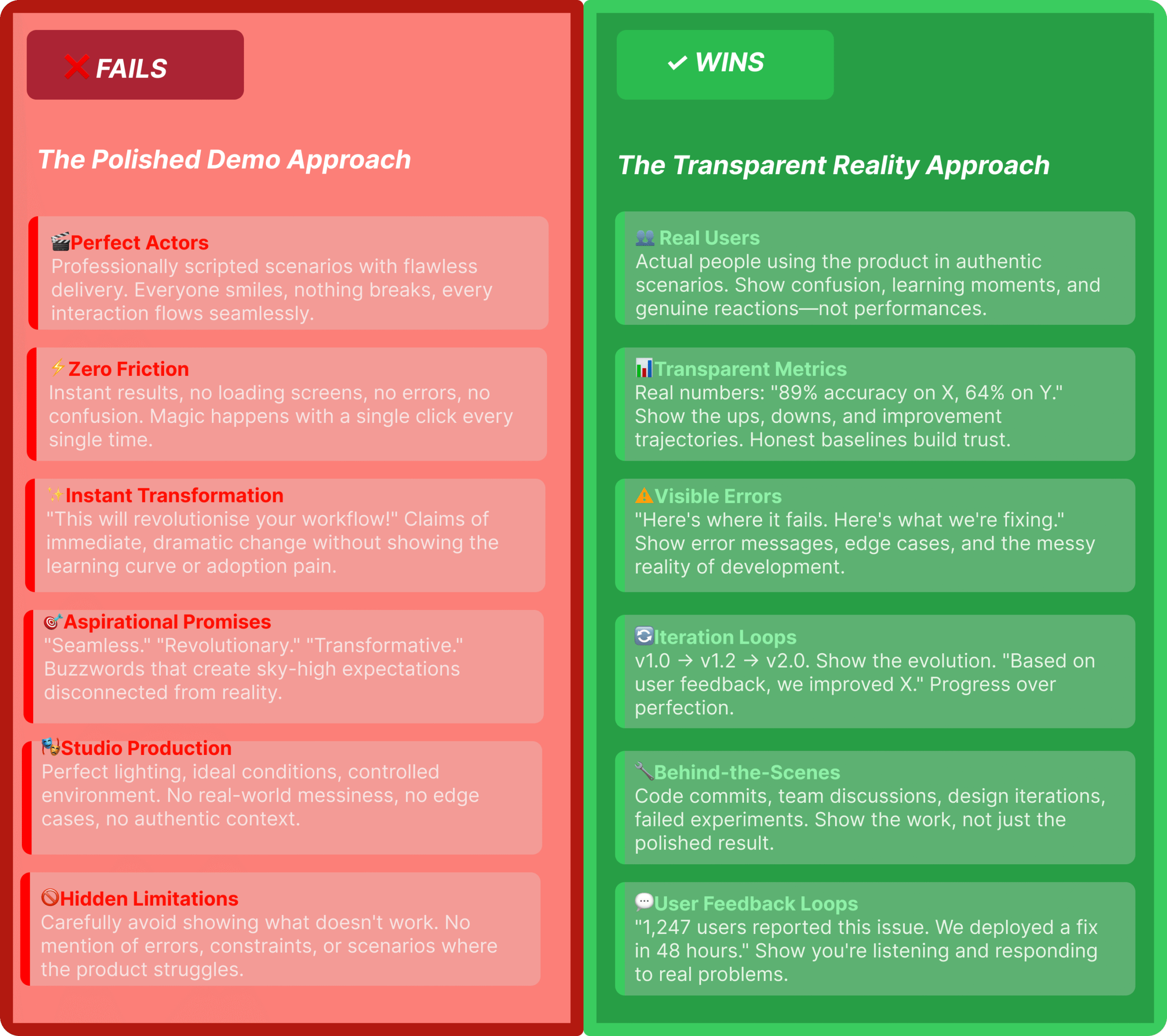 Side-by-side comparison showing Google's failing polished demo approach versus the winning transparent reality approach in AI marketing.