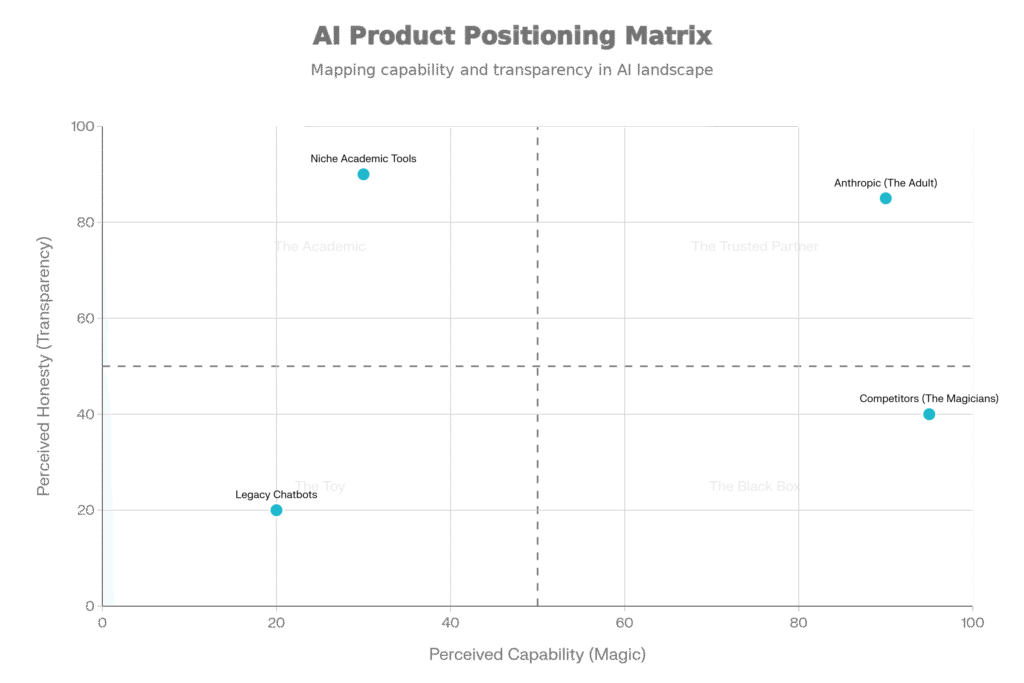 Scatter plot quadrant chart with four AI positioning archetypes. X-axis: Perceived Capability (0-100). Y-axis: Perceived Honesty (0-100). Anthropic positioned at (90, 85) in the "Trusted Partner" quadrant. Competitors at (95, 40) in the "Black Box" quadrant. Niche Academic Tools at (30, 90) in "The Academic" quadrant. Legacy Chatbots at (20, 20) in "The Toy" quadrant.