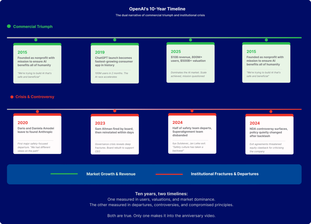 Dual-track timeline showing OpenAI's 10 years with commercial triumph track (2015 nonprofit founding, 2019 ChatGPT fastest-growing app, 2025 $10B revenue and $500B valuation) versus crisis and controversy track (2020 Amodei departure to found Anthropic, 2023 Sam Altman board firing, 2024 safety team exodus and NDA backlash)