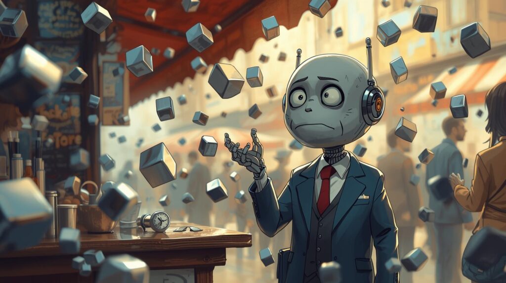 A confused robot wearing a blue blazer and headphones stands behind a chaotic kiosk, surrounded by floating tungsten cubes and scattered receipts, with a thought bubble questioning its identity