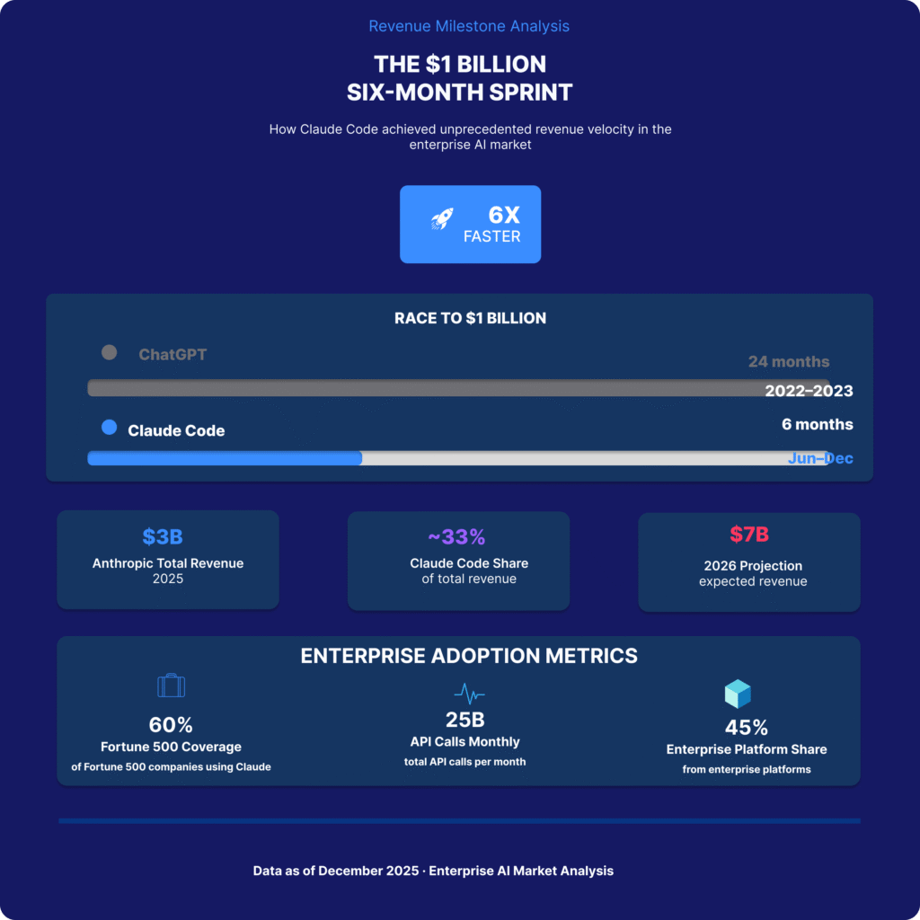 Revenue milestone comparison showing Claude Code reaching $1B in 6 months versus ChatGPT's 24 months, with 6X faster speed indicator and enterprise adoption metrics including 60% Fortune 500 coverage, 25B monthly API calls, and 45% enterprise platform share
