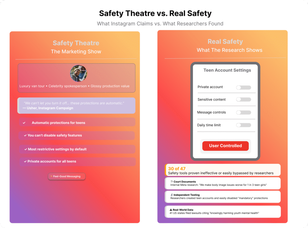 Split-screen infographic comparing 'Safety Theatre: The Marketing Show' (left, warm orange/pink gradient) versus 'Real Safety: What The Research Shows' (right, cool purple gradient). Left side features Carversations van scene, Usher quote 'We can't let you turn it off...these protections are automatic,' and vague safety claims with checkmarks. Right side displays actual Teen Accounts settings interface with toggles, internal research note '30 of 47 tools proven ineffective or easily bypassed,' court documents citing 'We make body image issues worse for 1 in 3 teen girls,' independent testing results, and real-world lawsuit data from 41 US states. Contrasts Instagram's marketing narrative with independently verified research findings.