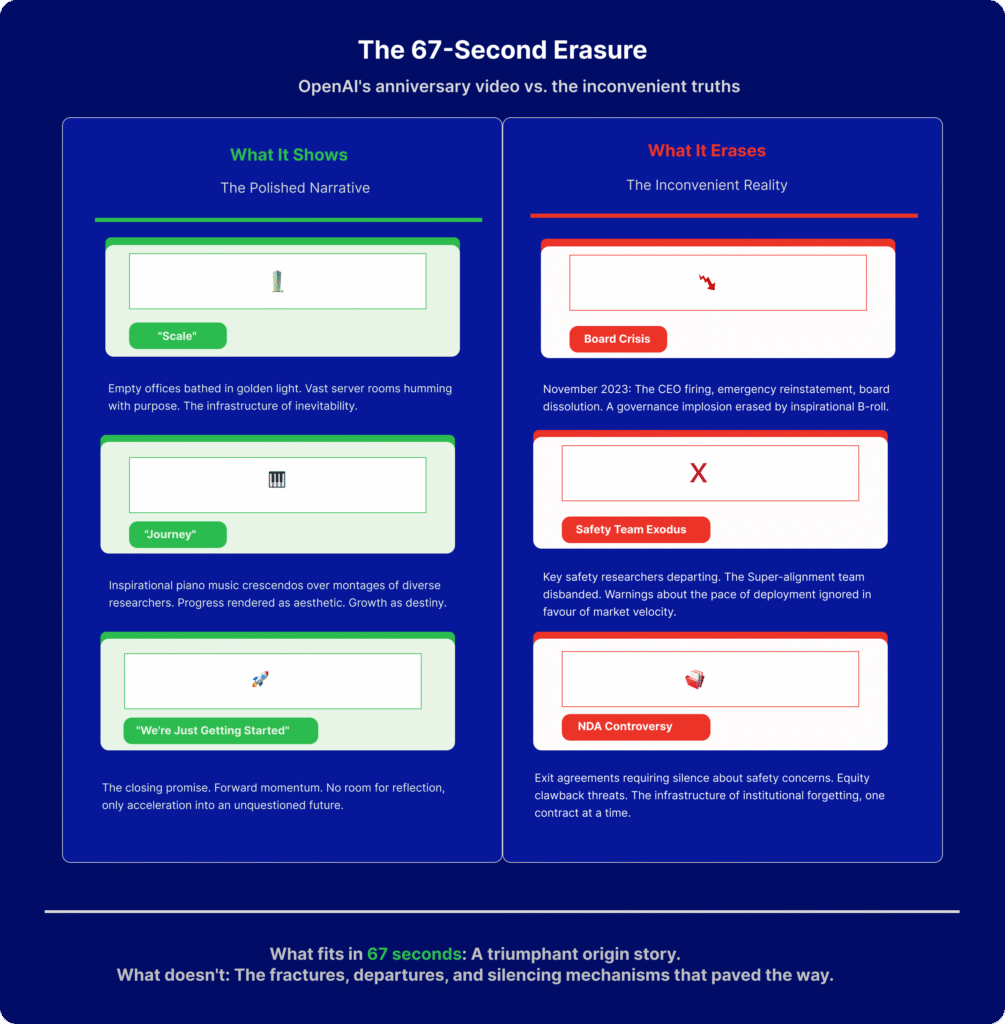 Split comparison of OpenAI's anniversary video showing what it displays (scale, journey, we're just getting started with inspirational imagery) versus what it erases (board crisis with CEO firing, safety team exodus marked with X, NDA controversy showing silenced employees)"