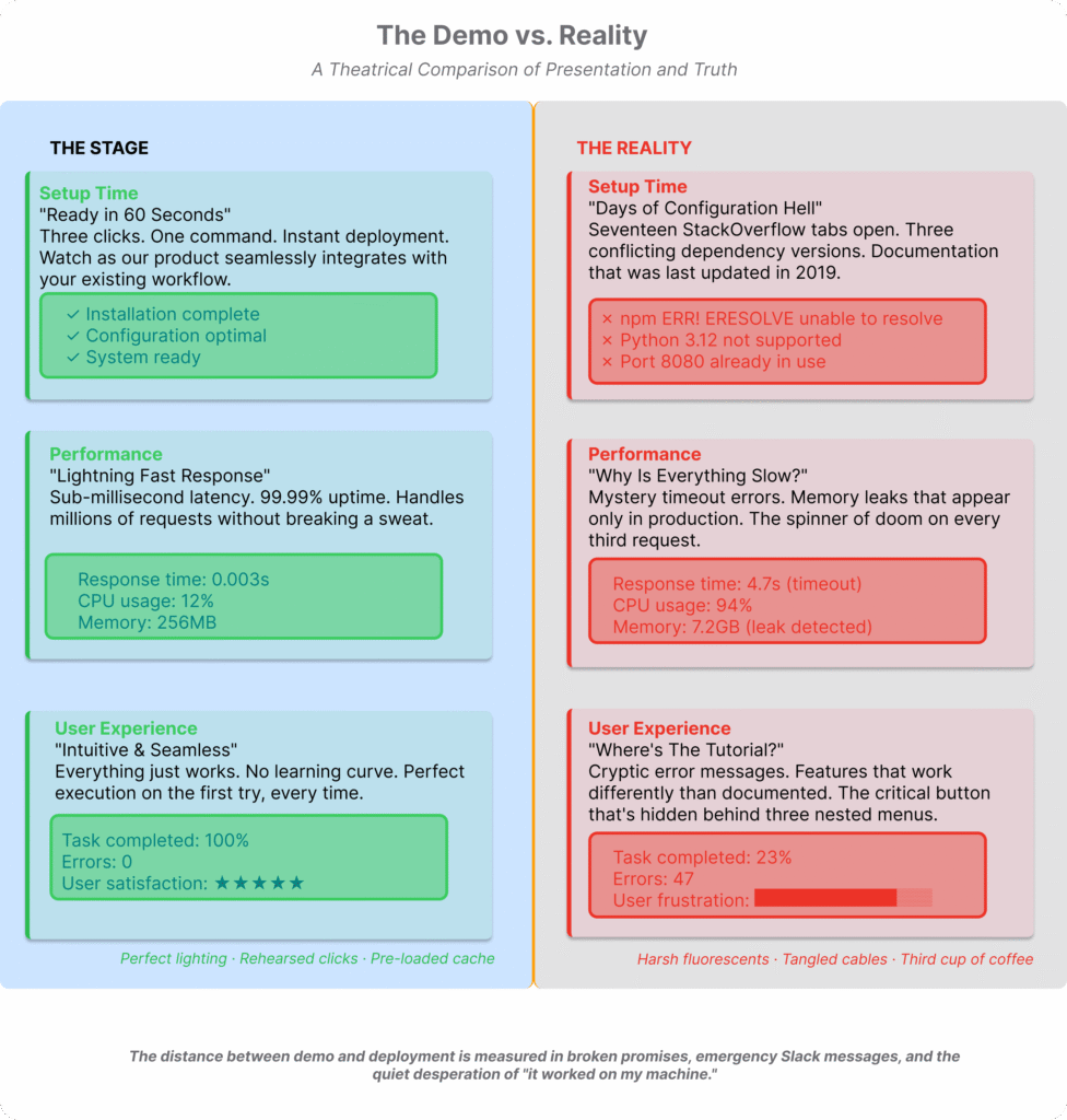 Side‑by‑side comparison table contrasting a flawless AI product demo with the messy, error‑prone reality in real deployments.