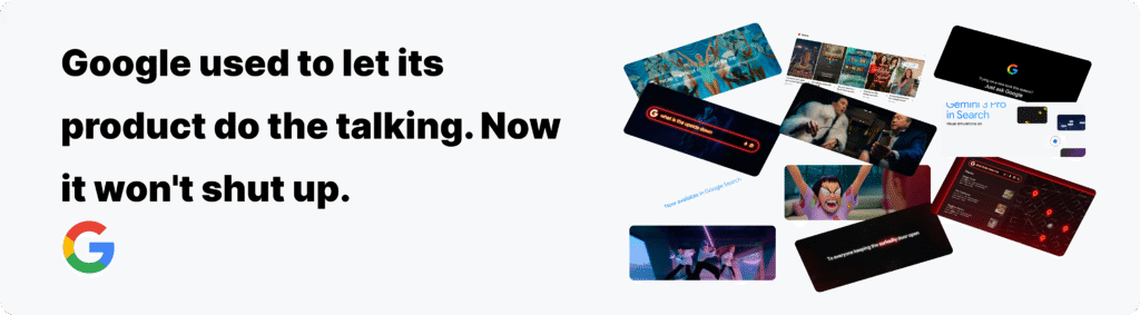 Google's transformation from minimalist simplicity in 1998 to chaotic advertising saturation in 2025, showing scattered campaign images for Stranger Things, Gemini, and multiple products