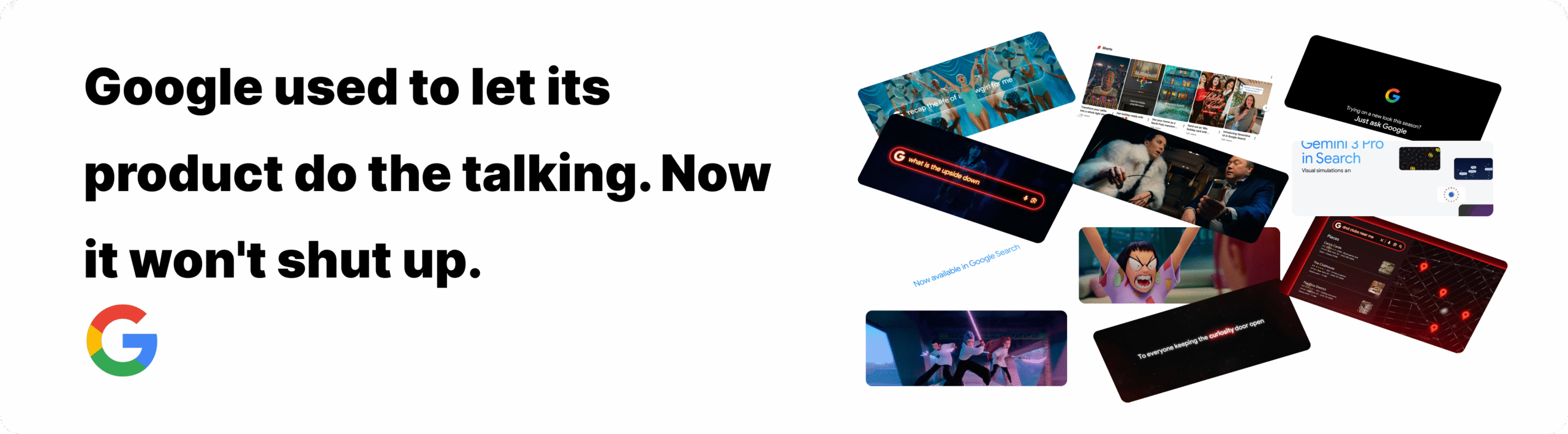 Google's transformation from minimalist simplicity in 1998 to chaotic advertising saturation in 2025, showing scattered campaign images for Stranger Things, Gemini, and multiple products
