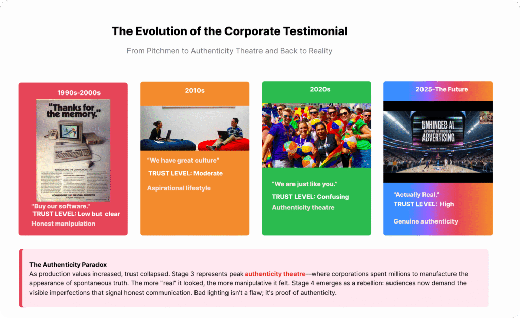 A timeline graphic showing four stages of testimonial marketing. Stage 1 (1990s) shows a print ad labeled "Pitchmen." Stage 2 (2010s) shows startup employees labeled "Authenticity Theatre." Stage 3 (2020s) shows gritty documentary-style footage labeled "Confusing Authenticity." Stage 4 (2025/Future) shows a raw, vertical video labeled "Actually Real" with high trust.