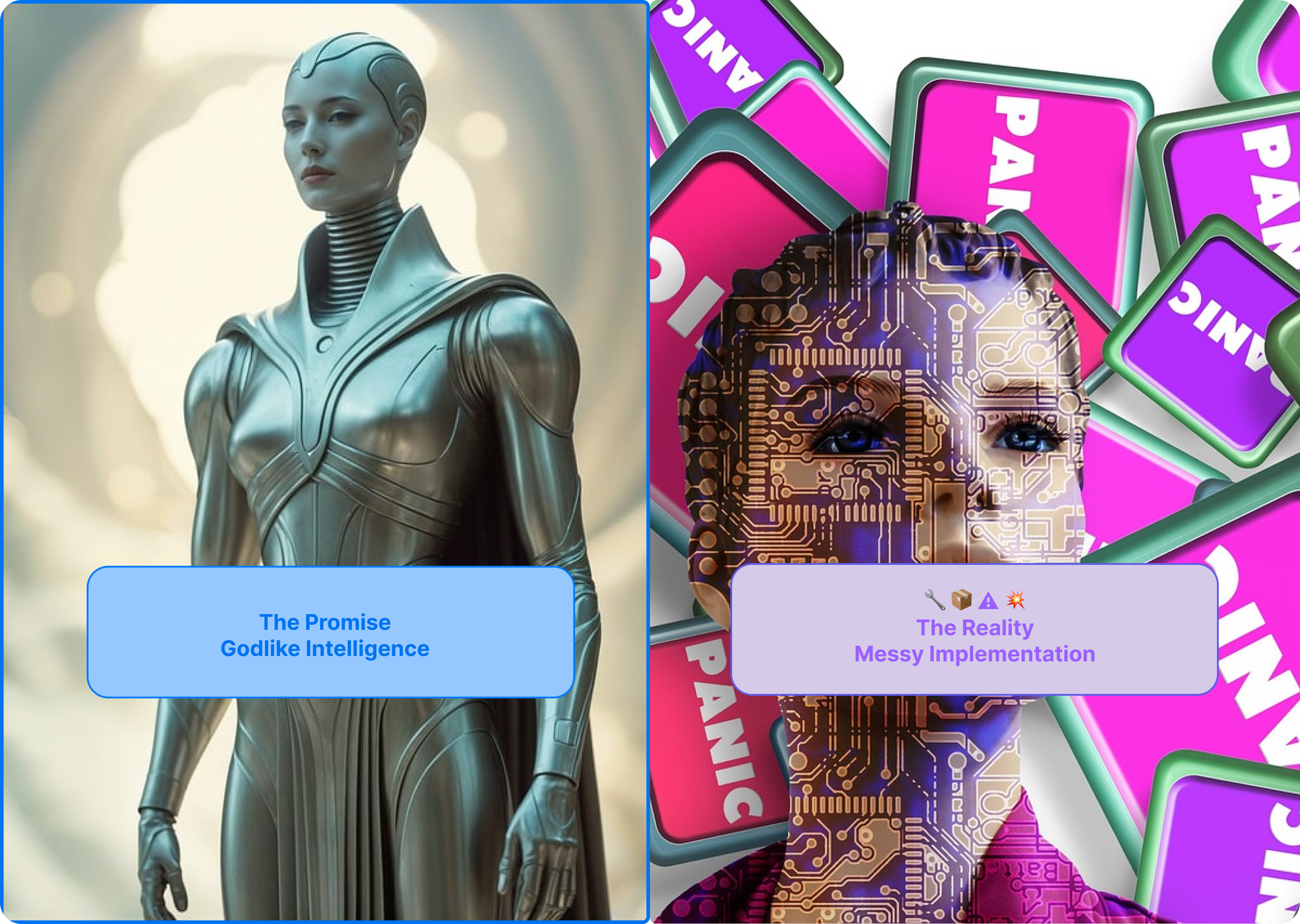 Split-screen illustration contrasting a polished, godlike AI figure on the left with a chaotic, messy circuit board representation on the right