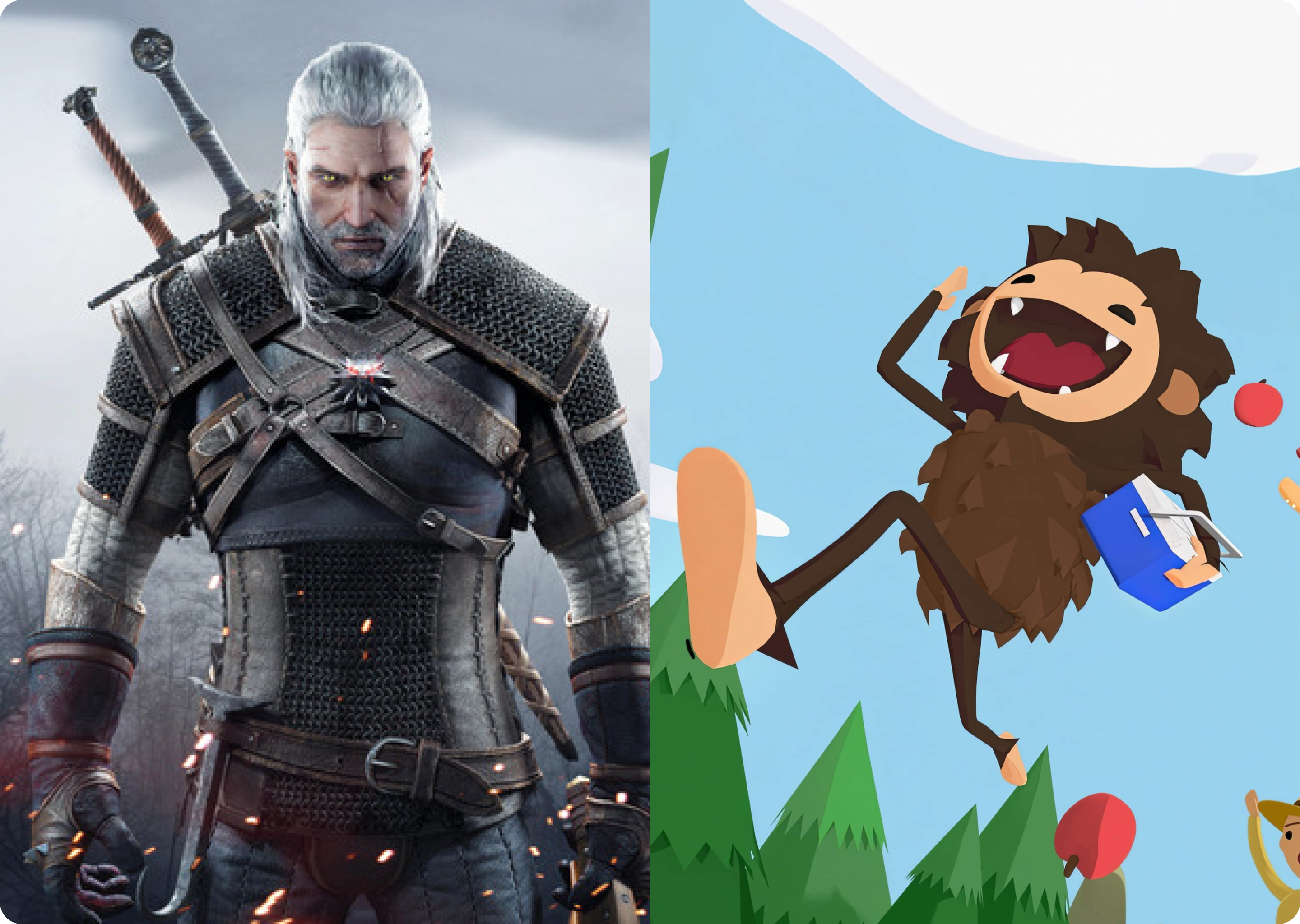 Split-screen comparison showing a hyper-realistic, gritty warrior character on the left versus the playful, low-poly Sneaky Sasquatch on the right.