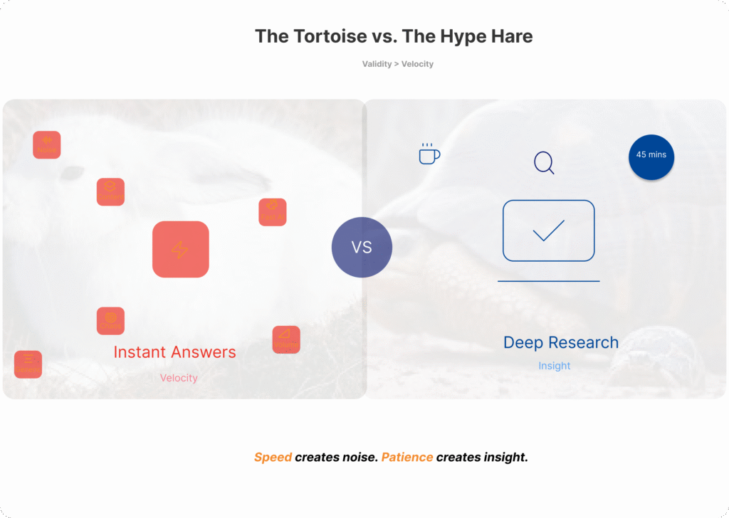 Split image contrasting fast, noisy instant answers with slower, focused deep research symbolised by a hare and a tortoise.