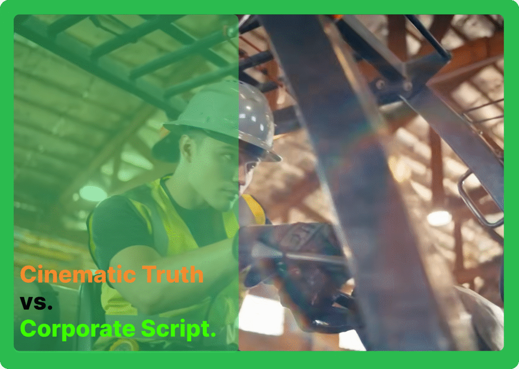A split-screen editorial illustration. The left side shows a cinematic, warm-toned close-up of a smiling industrial worker in safety gear with the text "Cinematic Truth." The right side shows a colder, filtered view of the same scene with the text "Corporate Script," symbolizing the artificial nature of high-budget testimonials.