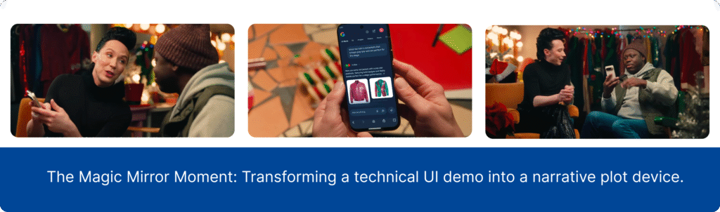 Three-panel horizontal sequence. Panel 1 (left): Jett Jingle looking thoughtful, holding phone in living room setting. Panel 2 (center): Close-up of phone screen showing Google Search UI with two clothing options displayed. Panel 3 (right): Different angle of Jett and another character reacting positively to outfit transformation. Warm holiday lighting throughout.