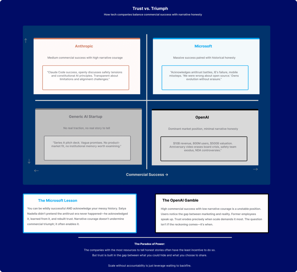 2×2 matrix showing narrative courage versus commercial success with four quadrants: Microsoft (high success, high courage, acknowledges antitrust battles and evolution), Anthropic (medium success, high courage, openly discusses safety tensions), OpenAI (high success, low courage, $10B revenue but erases board crisis and safety exodus), Generic AI Startup (low success, low courage, vague promises with no substance)