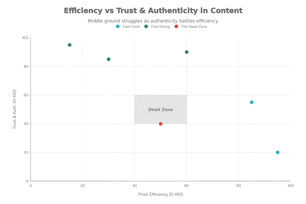 A scatter plot visualising six types of video content on a grid with "Production Efficiency" (0-100) on the x-axis and "Consumer Trust & Authenticity" (0-100) on the y-axis. AI-Generated Ads plot at high efficiency (95) but low trust (20). Viral Short-Form content at 85 efficiency and 55 trust. Standard Corporate Explainers sit in the "Dead Zone" at 50,40. Human-Centric UGC plots at 60 efficiency and 90 trust. High-Fidelity Cinema at 30 efficiency and 85 trust. Physical Projection Mapping at the lowest efficiency (15) but highest trust (95). A shaded grey region marks the "Dead Zone" danger area.