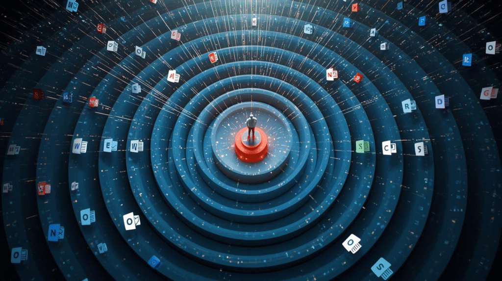 A solitary human figure stands at the centre of concentric data rings, surrounded by Microsoft 365 application icons pulsing outward like sonar waves against a dark blue background