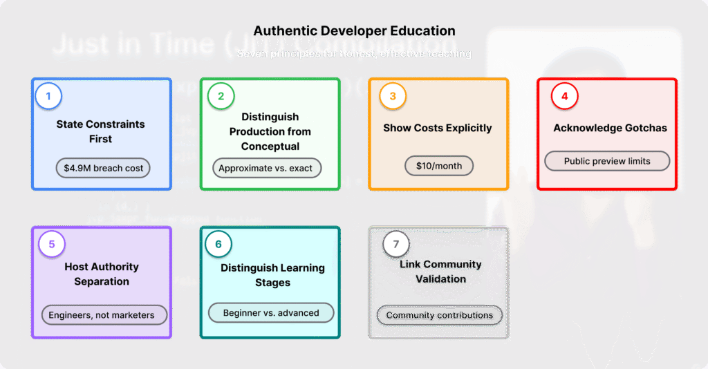 Seven principles of authentic developer education: constraints first, production vs conceptual, costs explicit, acknowledge gotchas, host authority, learning stages, community validation