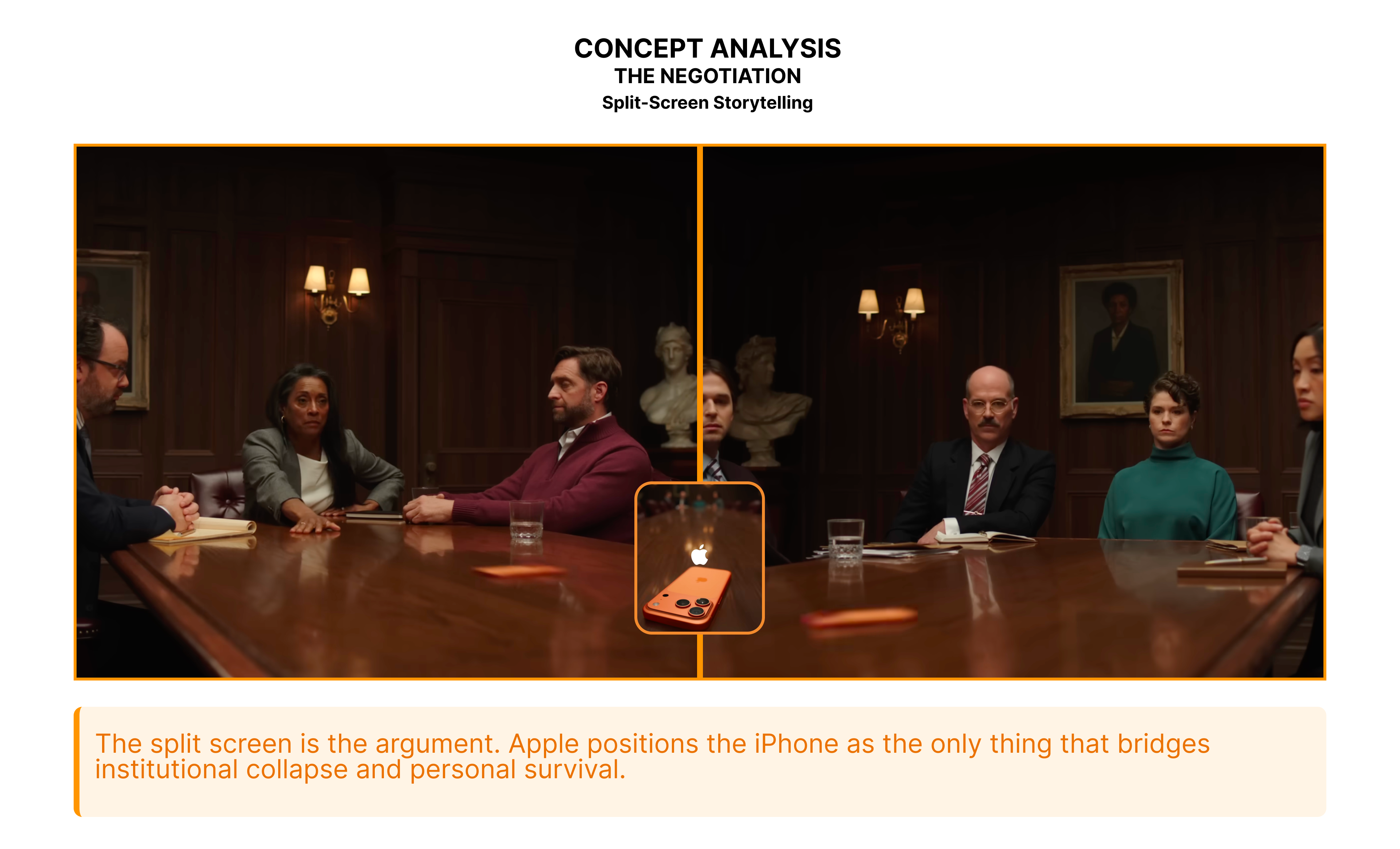 Apple iPhone 17 Ceramic Shield 2 advertisement split-screen analysis showing two lawyers in mahogany conference room with iPhone positioned as bridge between institutional power and personal agency