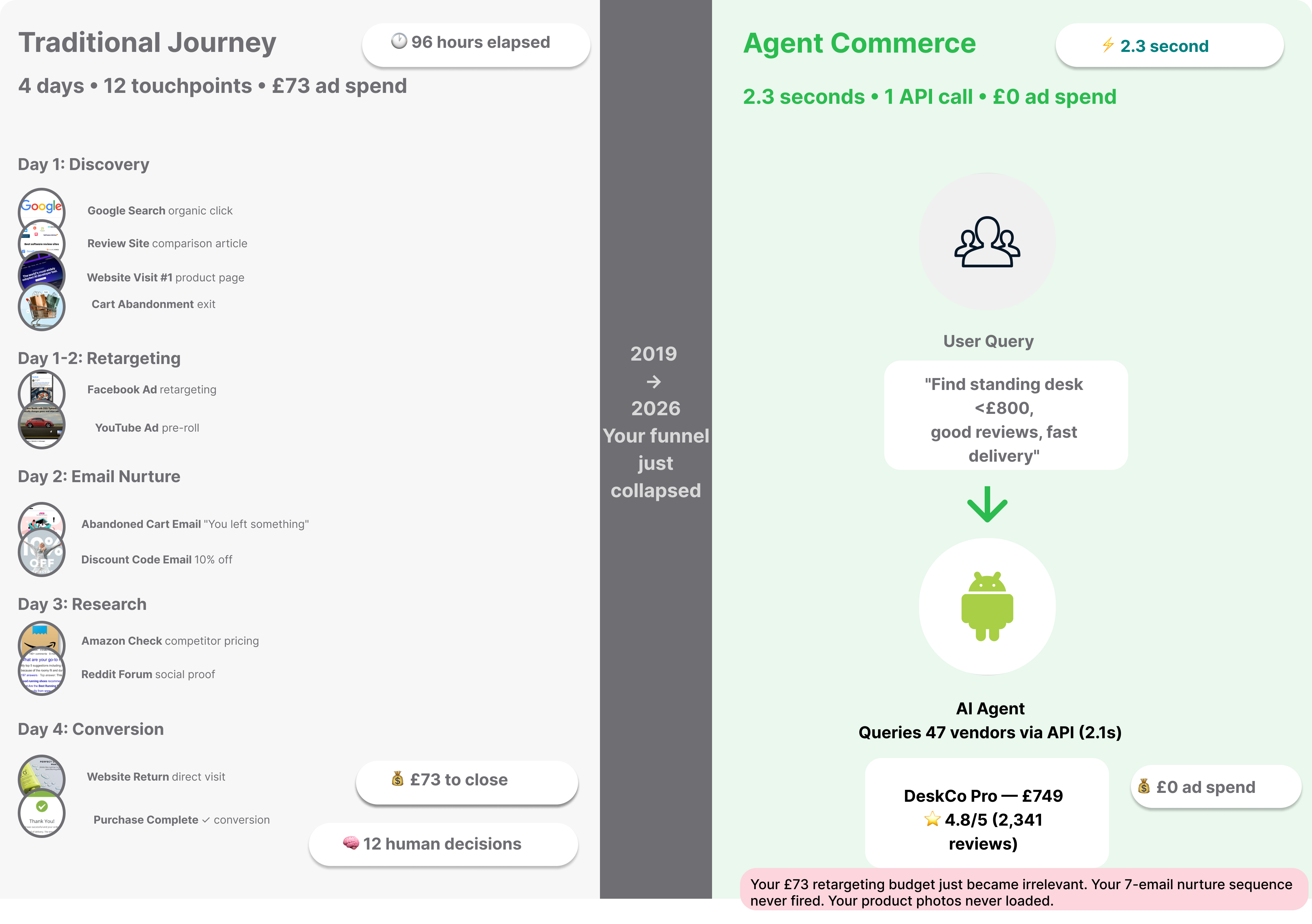 AI agent funnel collapse from traditional 12-touchpoint customer journey to single API call in 2.3 seconds, showing paradigm shift in e-commerce.