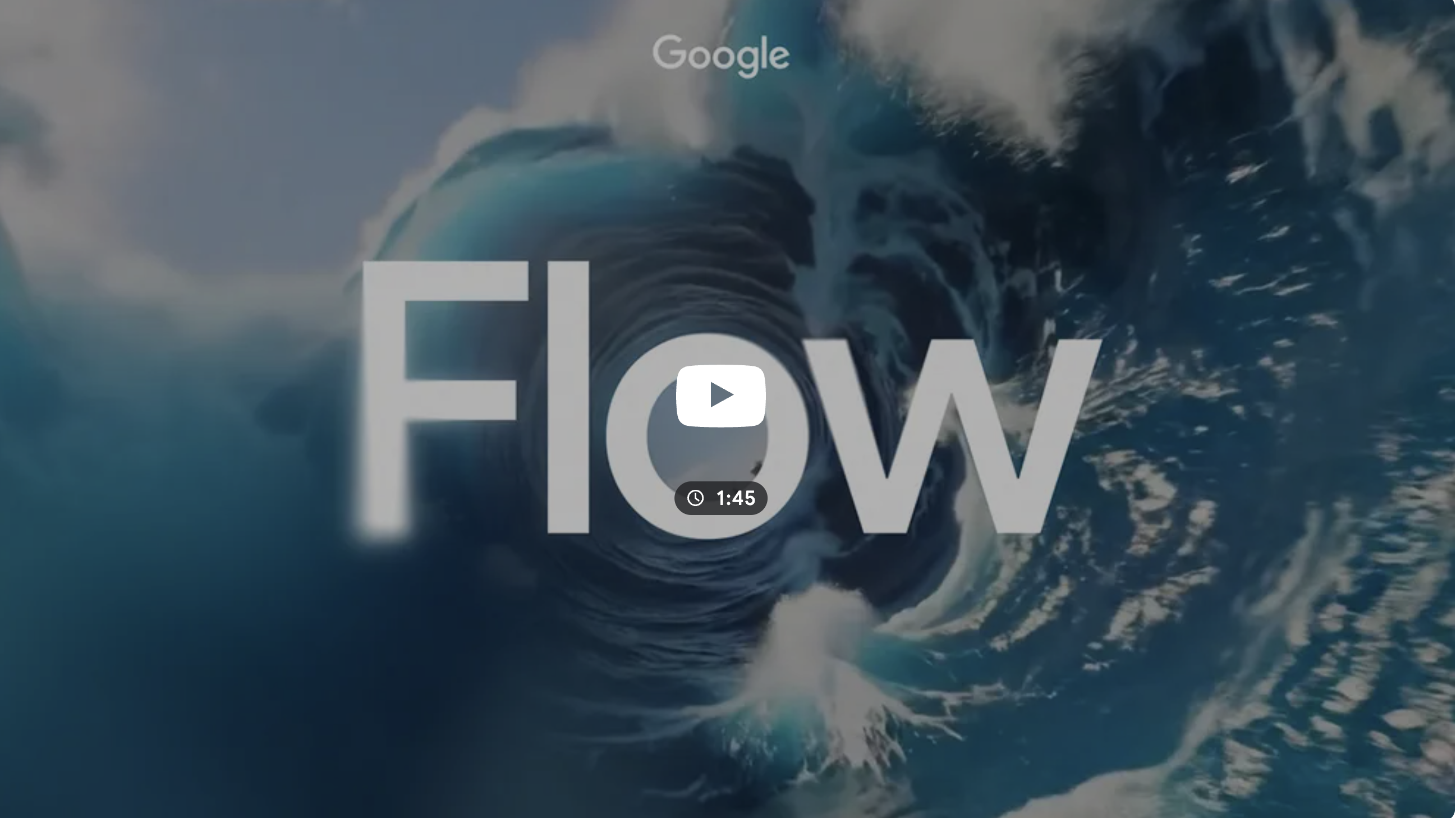 Google Flow AI hero image showing the word Flow over a swirling ocean wave