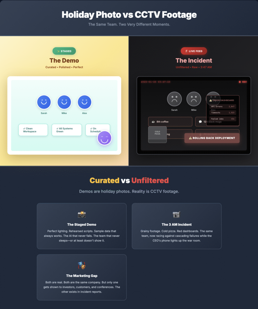 Side-by-side comparison showing a curated demo environment with smiling team members and green status indicators versus grainy CCTV-style footage of a 3:47 AM incident with error dashboards, cold pizza, and engineers rolling back deployment