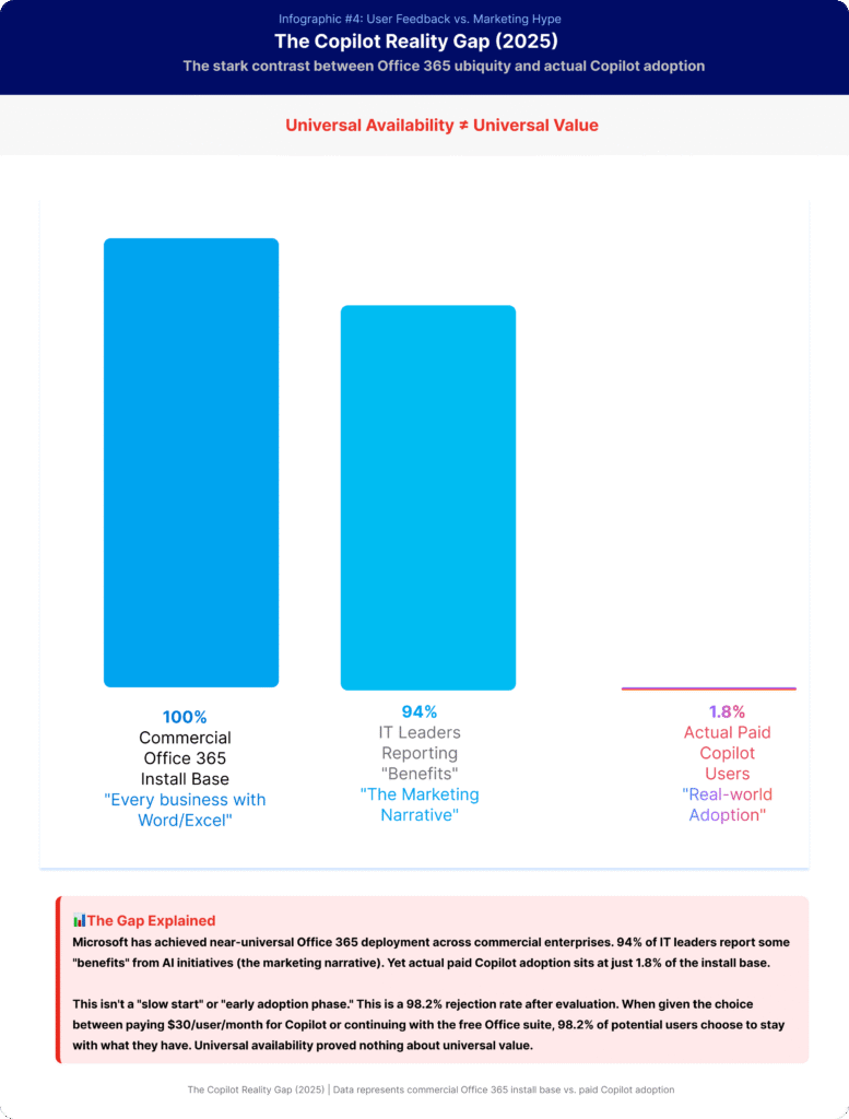 Bar chart comparing 100% Office 365 install base, 94% IT leaders reporting benefits, and only 1.8% paying Copilot users.