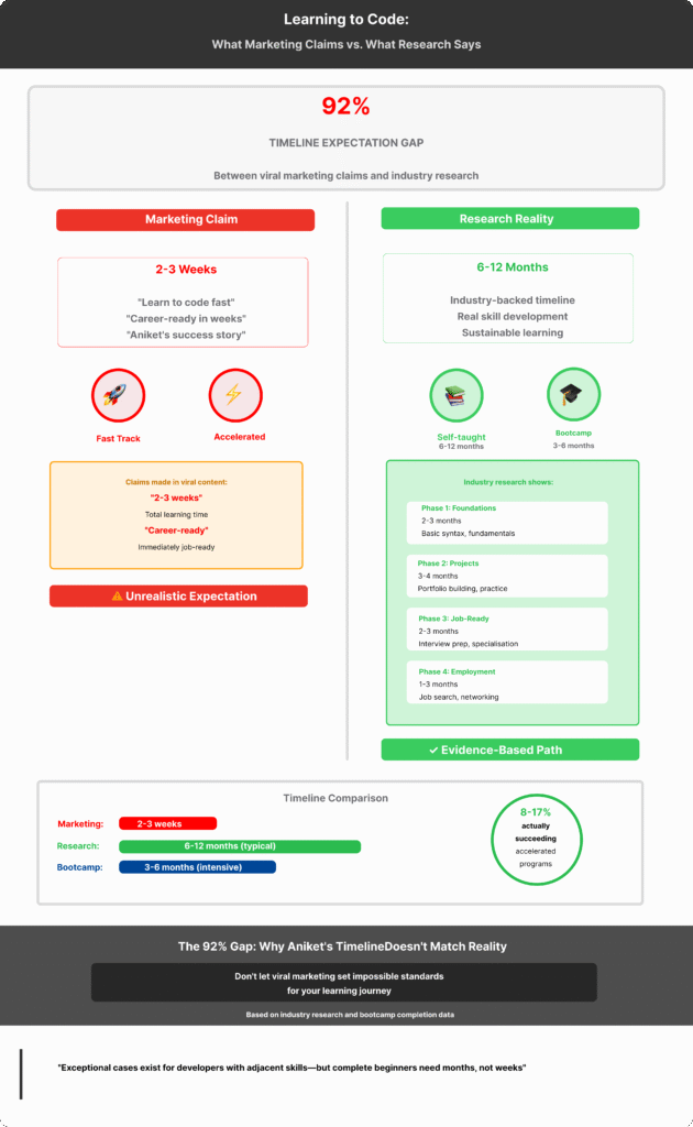 Infographic showing 92% gap between Google's 2-3 week marketing claim and industry research showing 6-12 months realistic timeline for learning to code