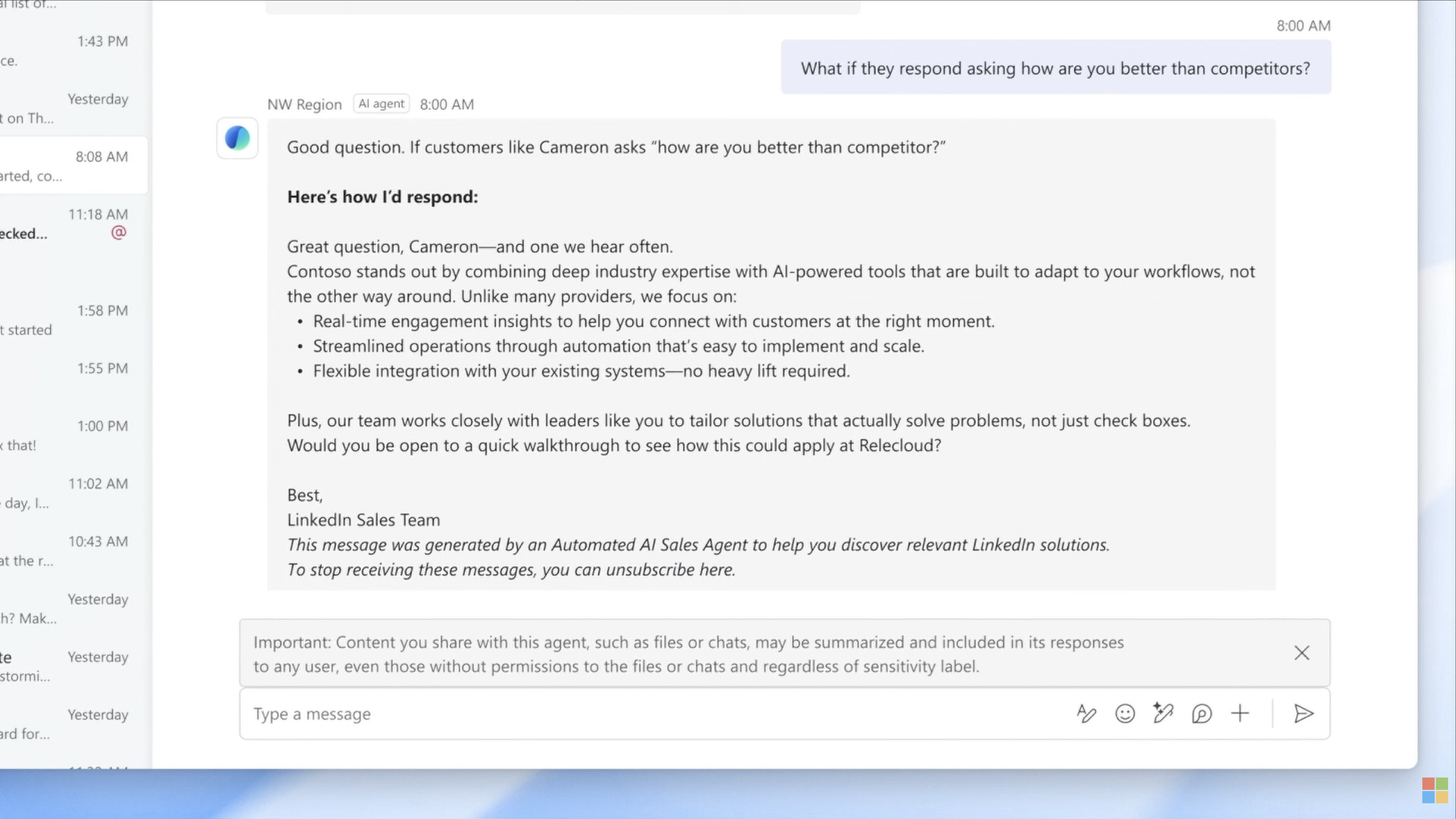 Screenshot of Microsoft Sales Development Agent composing a sales email with a warning that shared content may be summarised for any user.