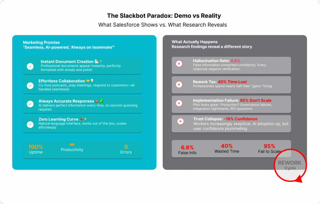 Side-by-side comparison infographic showing Salesforce's marketing promises for Slackbot on the left in teal versus research reality on the right in grey, revealing 6.8% hallucination rate, 40% time wasted on rework, and 95% failure to scale