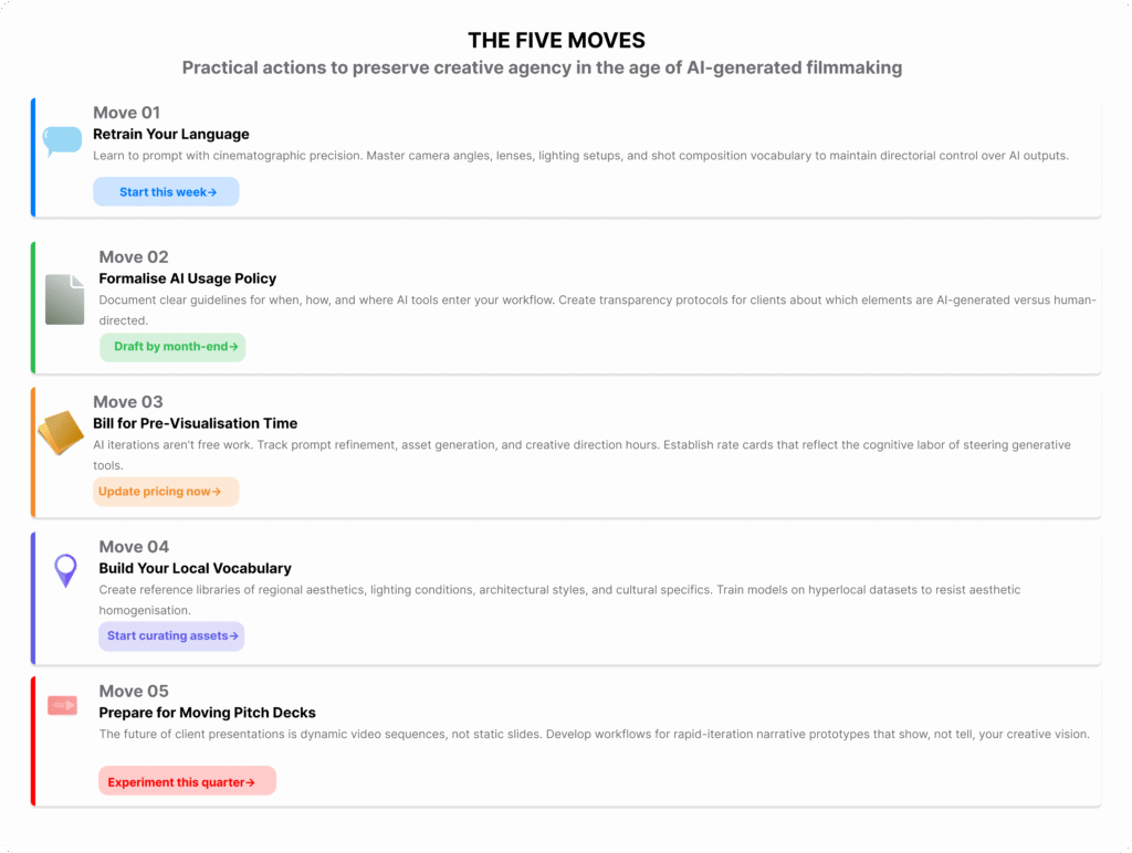 Infographic listing five practical moves for marketers: retrain language, formalise AI usage policy, bill for pre-visualisation time, build local vocabulary, and prepare for moving pitch decks