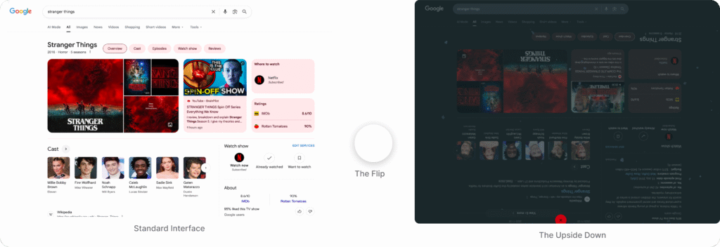 Split screen comparison showing standard Google Search results on the left and the dark, inverted "Upside Down" Stranger Things interface on the right.