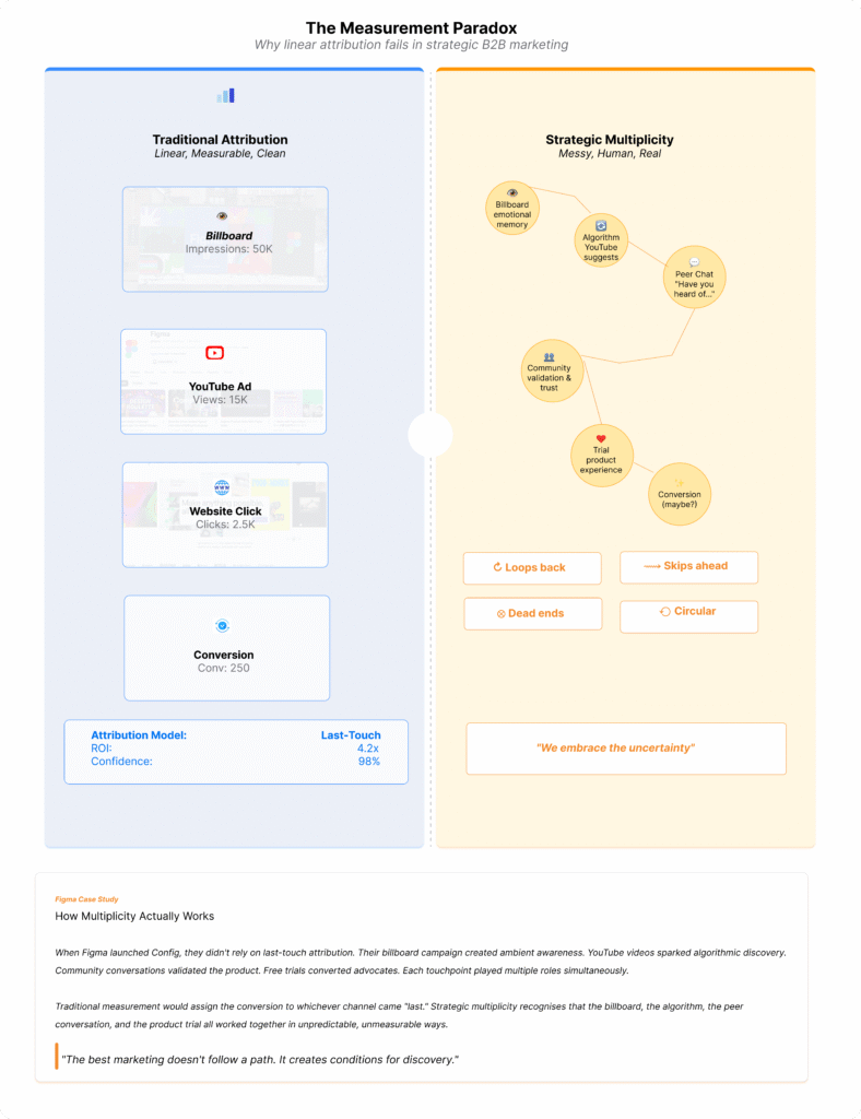 Traditional linear attribution vs strategic multiplicity showing messy interconnected customer journey in B2B SaaS marketing

