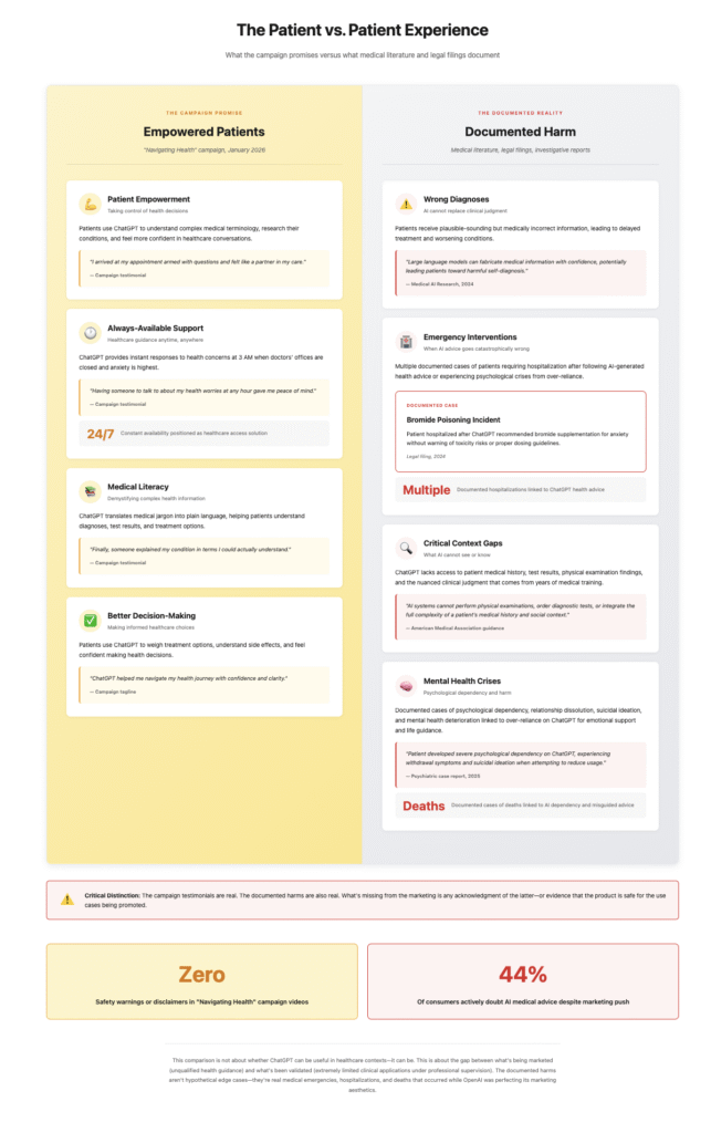 Two-column comparison infographic contrasting OpenAI's campaign promises of patient empowerment (left, yellow background) with documented medical harms (right, grey background): campaign shows patients feeling confident and informed while reality documents wrong diagnoses, emergency interventions, bromide poisoning incident, critical context gaps, mental health crises, and deaths linked to ChatGPT health advice