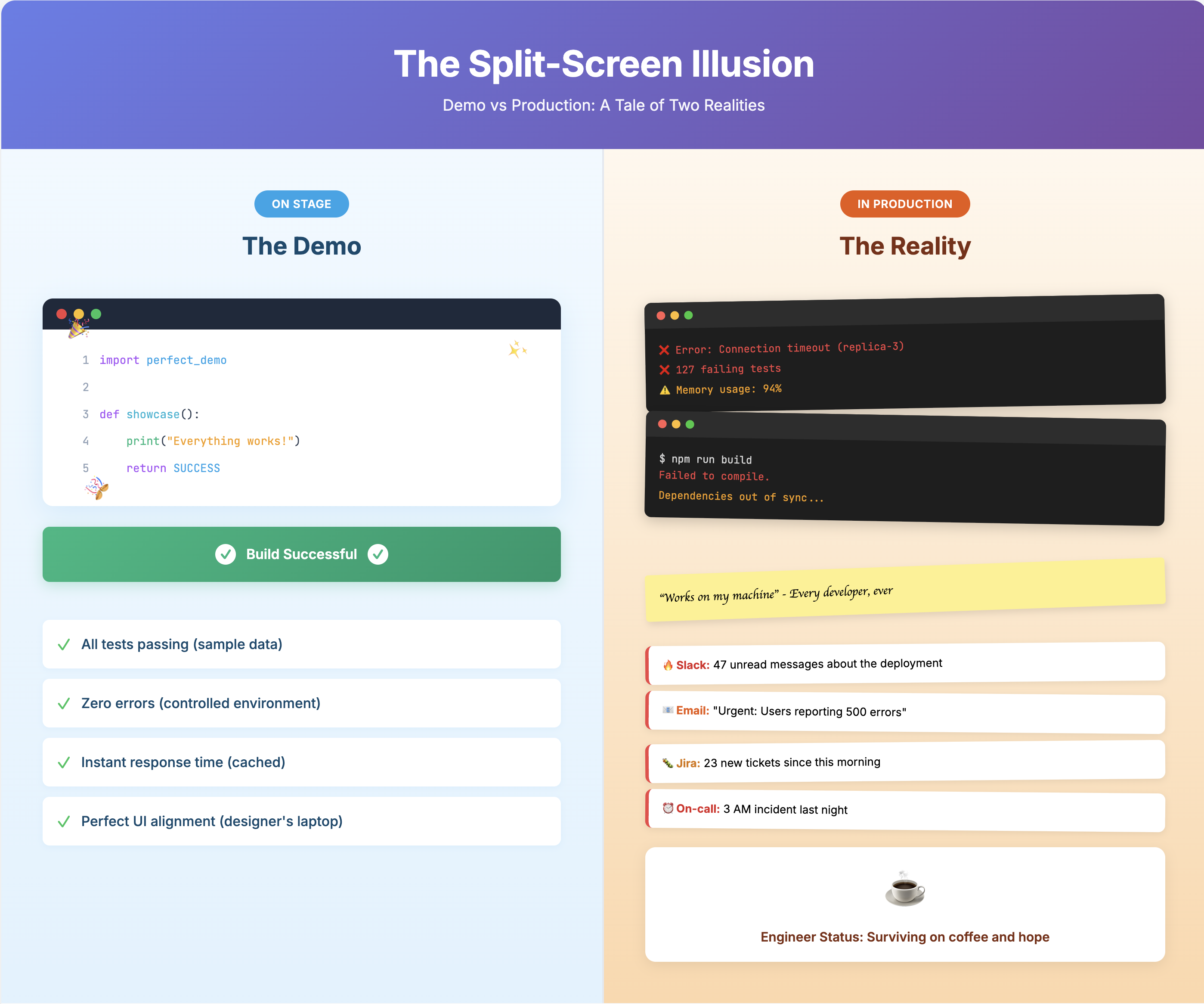 Split-screen comparison showing a pristine AI coding demo with green success indicators on the left versus chaotic production environment with red errors, failing tests, and stressed engineer on the right