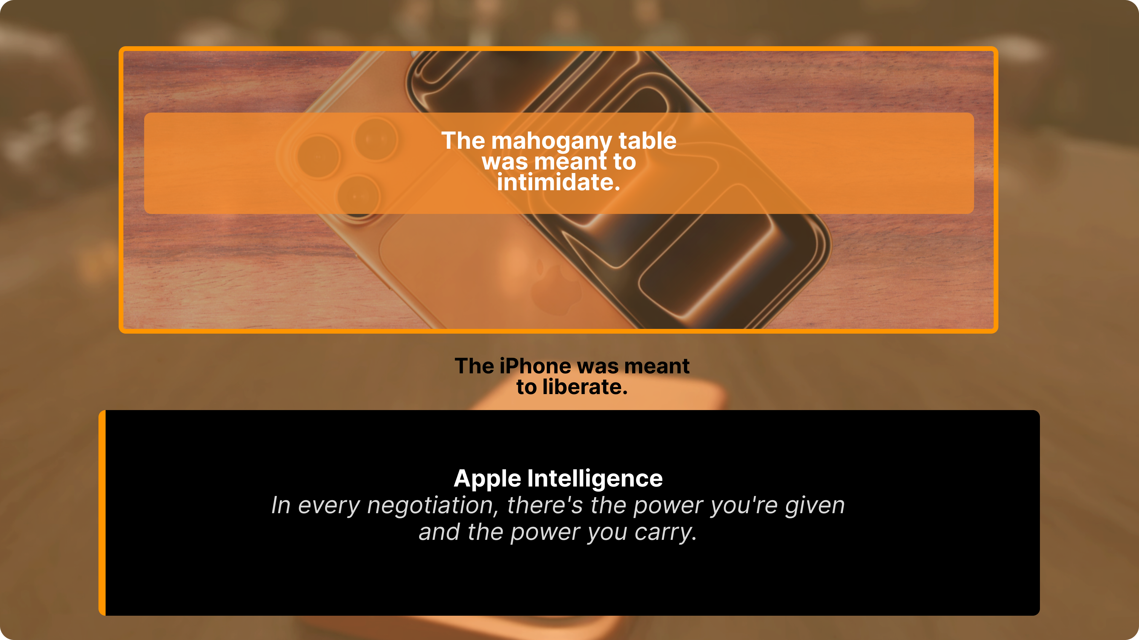 iPhone 17 on mahogany table with text overlay explaining institutional intimidation versus personal liberation through Apple technology and design